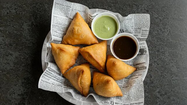 Delicious samosas served with green and tamarind chutneys on platter  