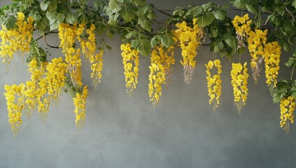 Yellow flowers cascading down a gray wall (1)