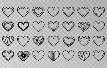 Set of various black heart illustrations png. Hand-drawn vector icons and symbols on isolated transparent background.