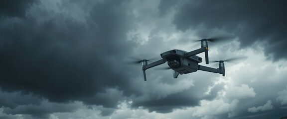 Small drone flying under dark stormy clouds in dramatic cloudy sky landscape