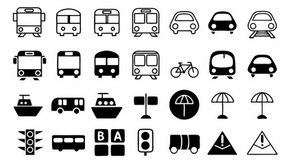 Transport icons set from buses to boats showing a visual learning guide to traffic and safety signs