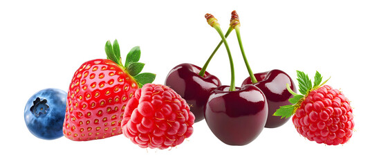 Fresh fruit. Mix ripe berry fruit. Strawberry, raspberry, blueberry, cherry isolated on transparent background. PNG format