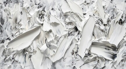 Impasto texture painting in shades of white and grey, showing thick, visible brushstrokes and a dynamic, almost sculptural surface