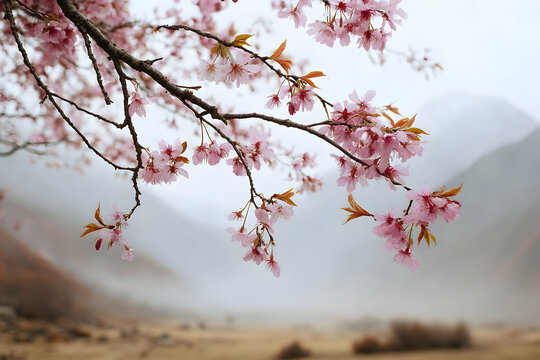 Delicate pink blossoms on a branch in a misty landscape.