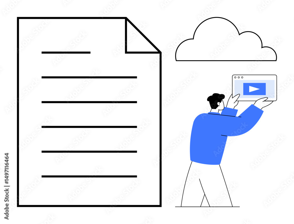 Poster man holding a tablet featuring a video player near a large document and cloud highlights digital sto