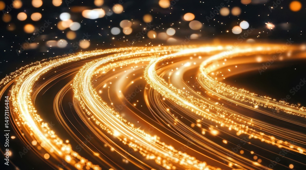 Poster golden light trails swirl in concentric circles against a dark, bokeh-filled background, creating a 