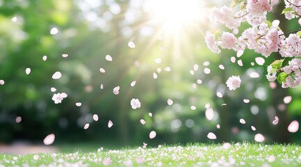 Obraz premium Sunlit spring scene with pink cherry blossoms falling onto lush green grass