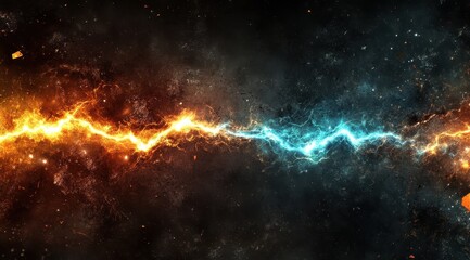 Fototapeta premium Fiery orange and icy blue energy clash in a cosmic, dark background, sparks and embers flying