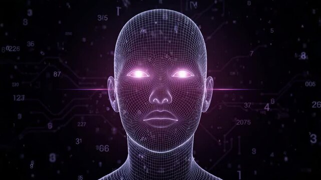 Futuristic digital human face with glowing eyes against circuit design  