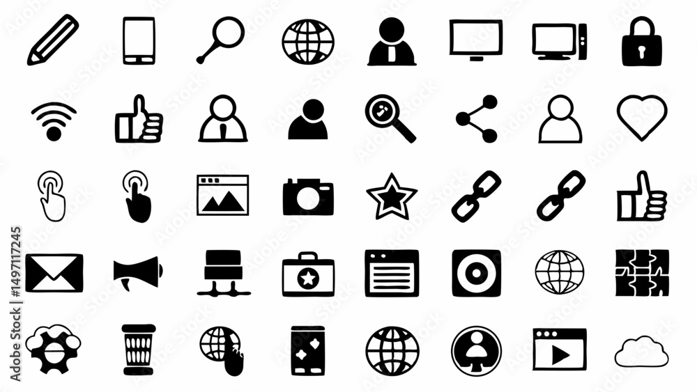 Aufkleber exploring a connected world a diverse collection of digital and communication icons in simple black