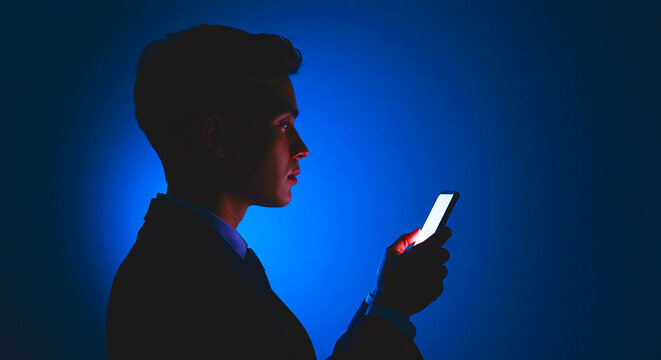 Man in silhouette holding a glowing phone against a blue background looking to the right side