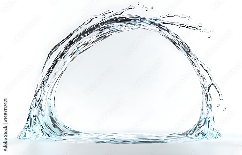 Poster dynamic splash of water creating an arc shape with droplets on a clean white background
