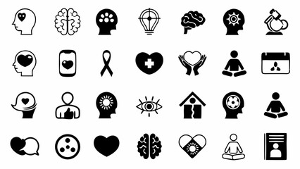 Symbols of mental health wellness love hope unity and well being illustrated in black glyph icons