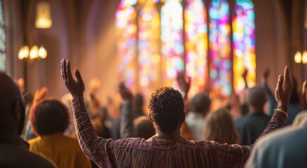 Fototapeta premium Congregation Raising Hands in Church With Stained Glass, Representing Faith and Community Support : Generative AI