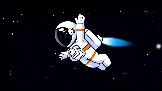 Cartoon astronaut soaring through space with jetpack and stars around