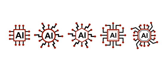 AI processor icon set, artificial intelligence chip minimalist icons.