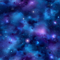 Naklejka premium Cosmic Nebula: A mesmerizing display of celestial beauty unfolds in a vibrant tapestry of blues, purples, and radiant stars, evoking a sense of wonder and the infinite expanse of the cosmos.