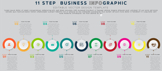  11-Step Business Infographic with Circular Sections, Colorful Process Visualization, Horizontal Layout, Modern Design, Workflow Guide, Task Management, Strategy, Presentation