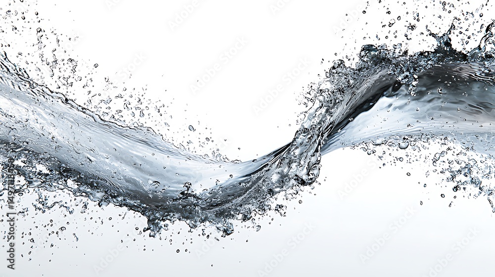 Poster beautiful flowing water splash with droplets creating dynamic movement in a bright and clean setting