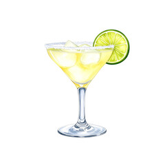 An alcoholic cocktail drink with green lime and ice in a glass, isolated on white, cool and refreshing for a party
