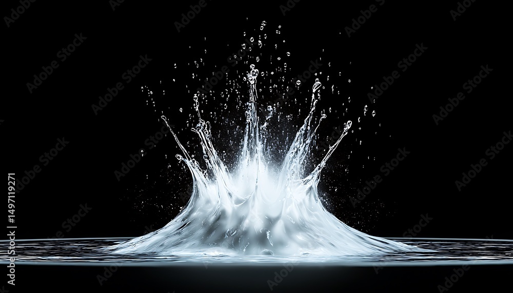 Poster water splash on black background capturing dynamic movement and fluid form in high contrast aestheti