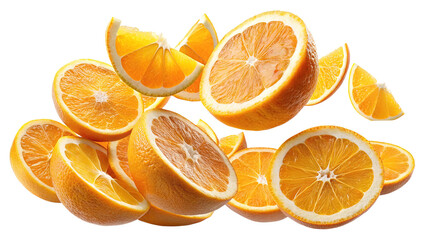 A vibrant cluster of sliced oranges on a clean white background provides contrast