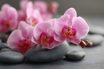 Pink orchids resting on gray stones.
