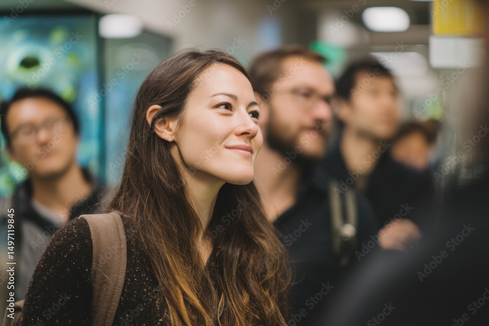 Poster smiling woman looking upward in a crowd, representing optimism and future aspirations for career dev