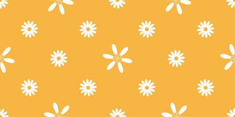 Rustic cute flowers seamless pattern. Flower heads with white petals on orange background. Summer floral print, vector graphic