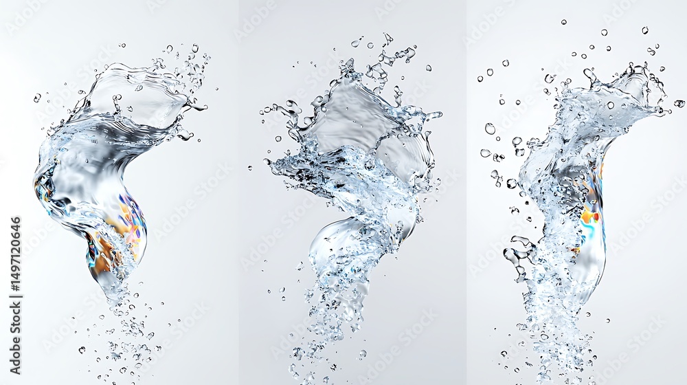 Poster dynamic water splash with vivid color accents captured in three distinct stages of motion and flow