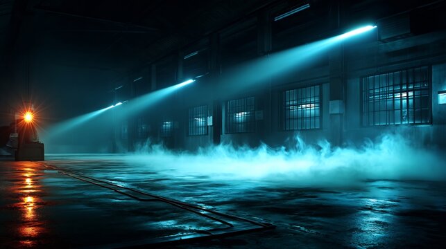 Dark Factory Interior with Night, Industrial, and Fog. - Powered by Adobe