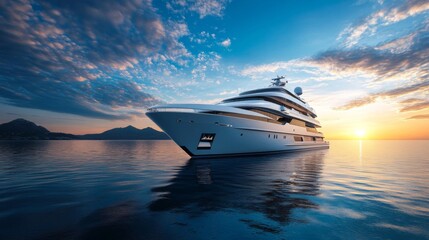 Luxury Yacht at Sunset on Calm Ocean Waters