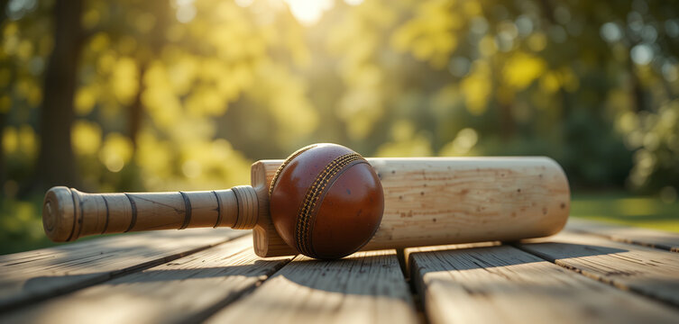 Close up of cricket ball and bat on wooden surface with sunlit blurred background in outdoor setting