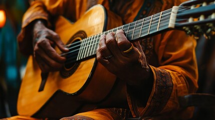 Obraz premium Closeup of Hands Playing Acoustic Guitar