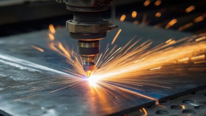 Close-up shows a laser cutting machine precisely slicing through metal with bright sparks flying.