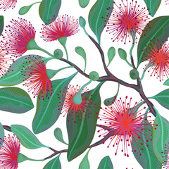 Seamless pattern with leafy branches with purple fluffy eucalyptus flowers, vector illustration