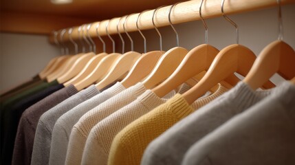 Obraz premium Wide-angle view of minimal closet with hangers only 