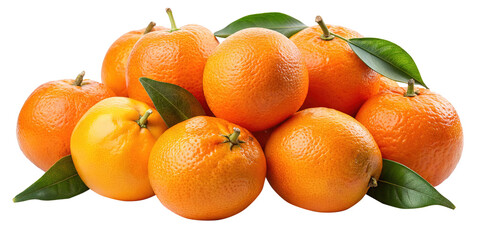 Pile of fresh tangerines with green leaves on a white background