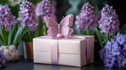 Obraz premium Elegant tabletop birthday scene featuring purple hyacinths, gift ribbon, and a handcrafted paper butterfly 