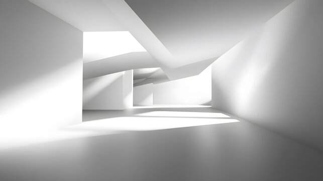 Abstract White Architectural Interior Design, Modern Minimalist Space with Sunlight