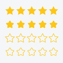 Five stars customer product review icon set, featuring yellow 5 star rating flat icons for apps and websites. Represents quality, customer rating, and feedback