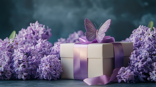 Elegant tabletop birthday scene featuring purple hyacinths, gift ribbon, and a handcrafted paper butterfly 