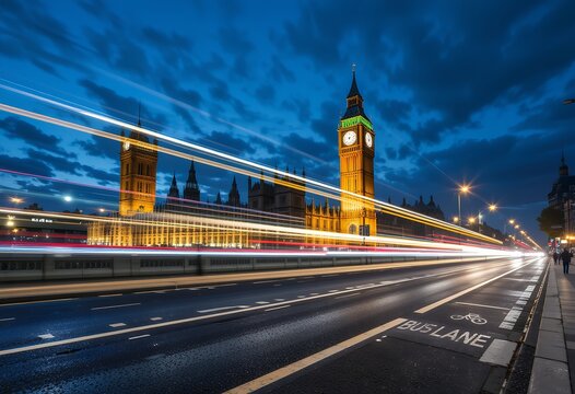Nighttime long exposure of iconic big ben and surrounding landmarks in london with light trails