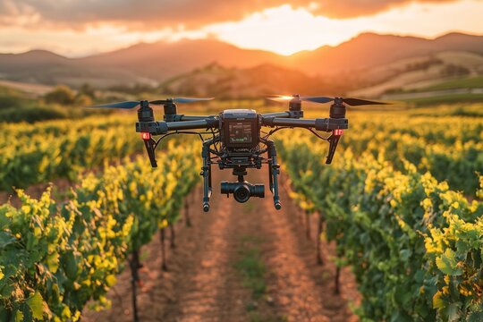 a drone hovering above a vineyard