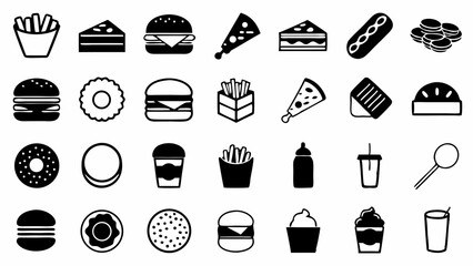 A delightful collection of iconic junk food icons burgers pizza fries and desserts in a graphic