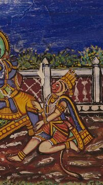 Old-painted Walls. Frescoes On Wall Of Hanuman Temple In Jaipur, India. Religious Motifs From Life Of Hanuman Are Painted. Monkey-like Deity, Son Of Wind God Vayu. Hanuman Also Known As Maruti