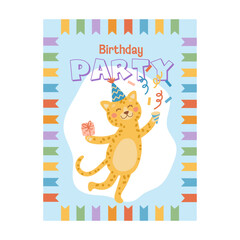 Cartoon leopard birthday party invitation template. Concept of celebration fun. Hand-drawn vector illustration in flat style.
