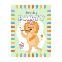 Cartoon lion birthday party invitation template. Concept of celebration fun. Hand-drawn vector illustration in flat style.