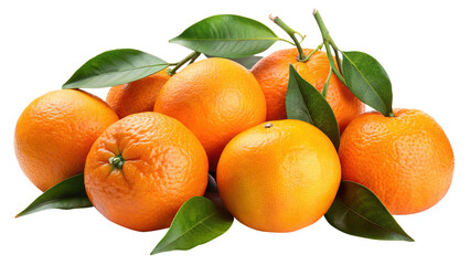 A vibrant cluster of fresh oranges adorned with green leaves on white background