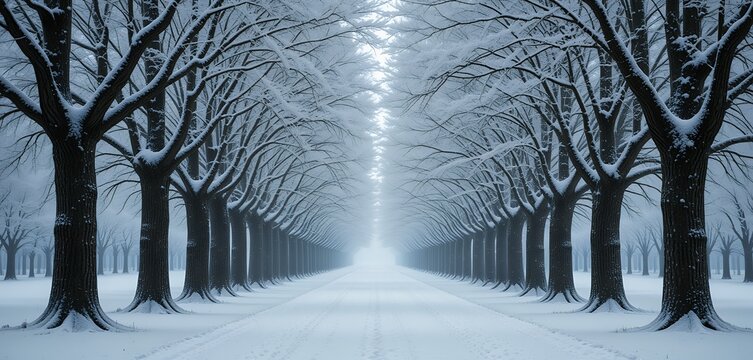 Symmetrical winter alley lined with snow-covered leafless trees disappearing into foggy distance